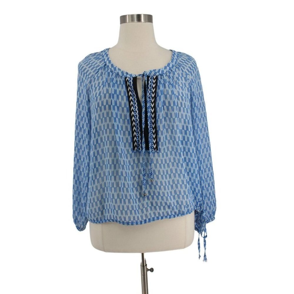 Jessica Simpson Blue Striped Chiffon Tie Waist Peasant Top Shirt Plus Size 1X